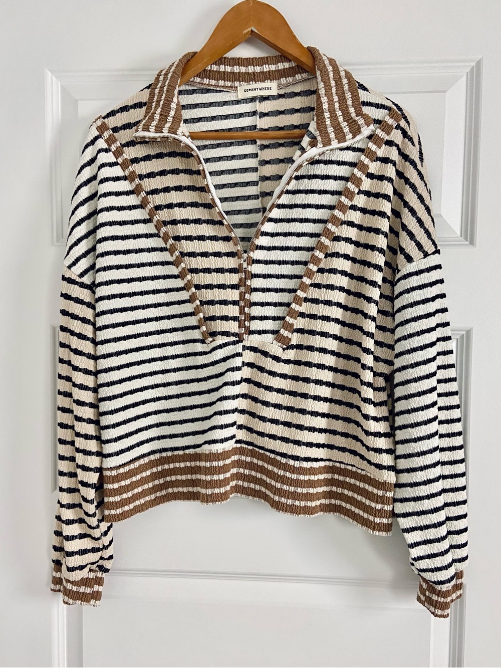 Go Anywhere Striped Textured Quarter Zip Cream Brown Black Oversized Pullover